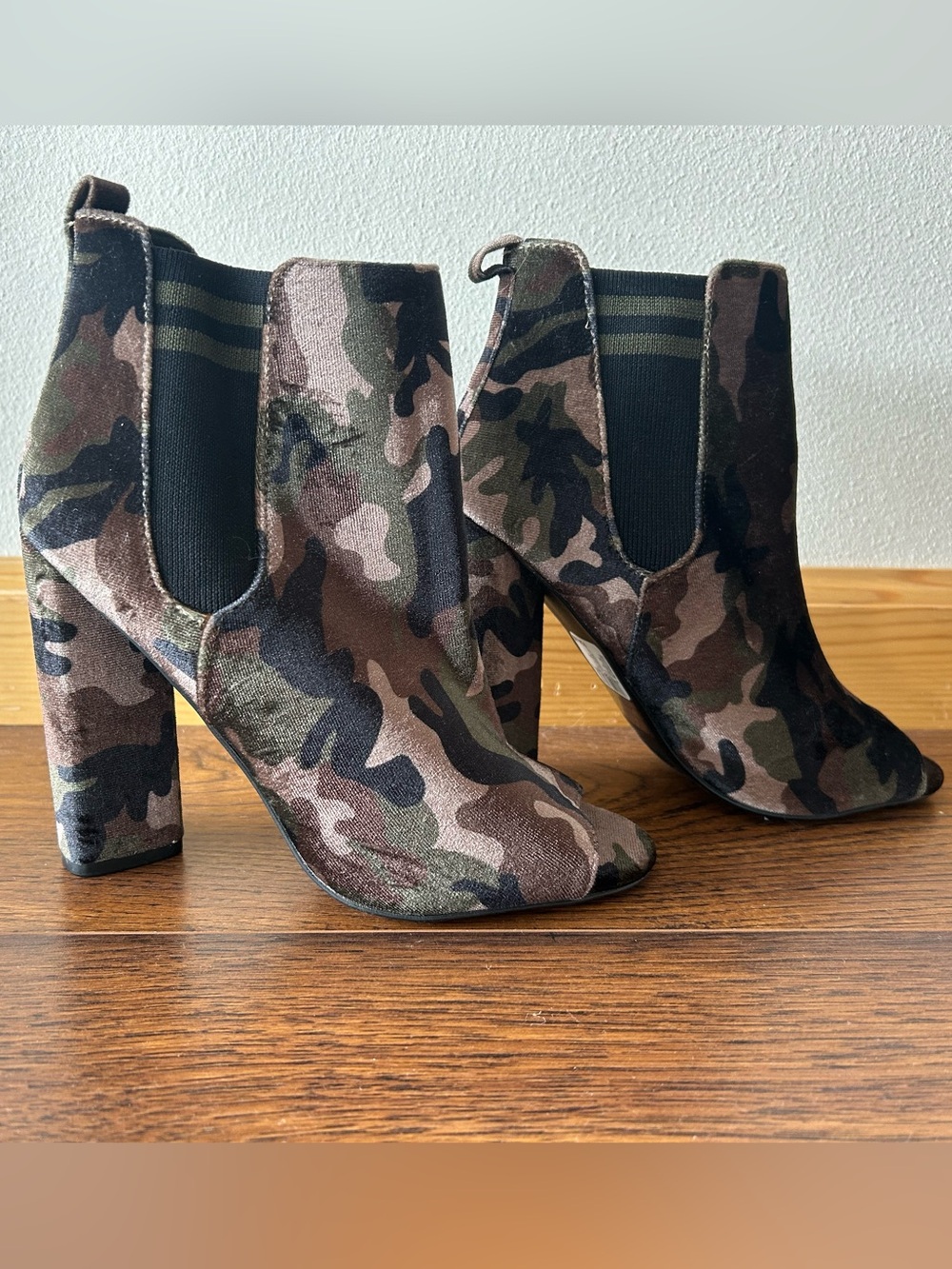 Qupid Camo Velvet Peep Toe Ankle Booties